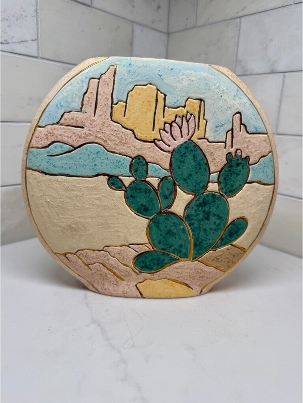 Vintage 1990s Southwestern Pillow Vase Desert Prickly Pear Cactus Pottery Pastel